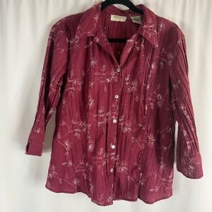 Lemon Grass Button Down Shirts Women's Burgundy Floral Shirt Size:L cotton